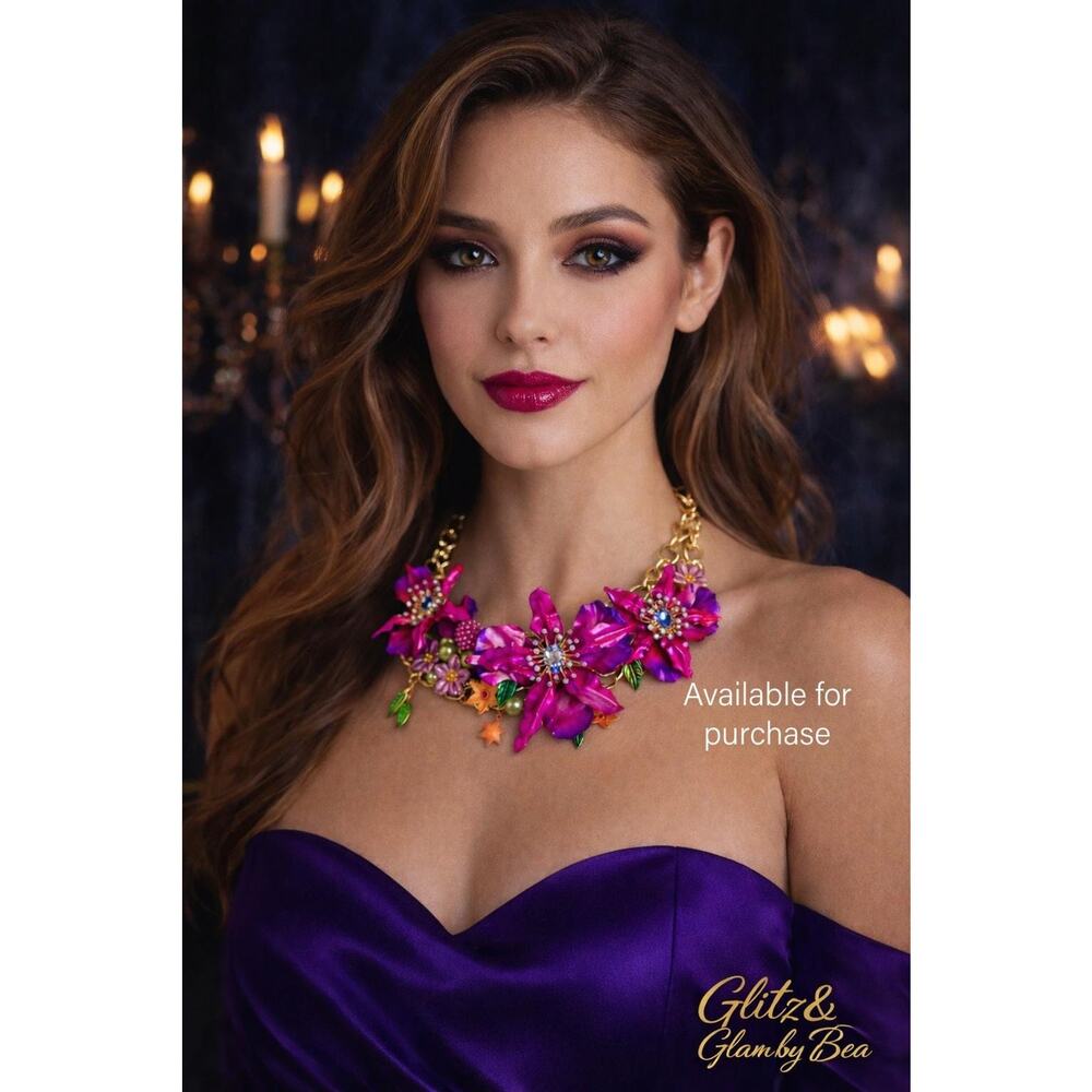 Betsey Johnson large orchid cocktail Purple Pink Stretch Ring - Picture 6 of 7